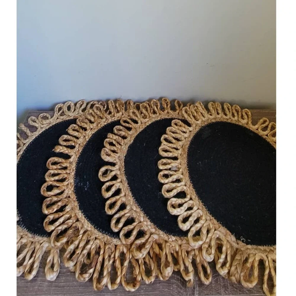 Set of 4 Boho Placemats Sunburst, Black and Jute Retro